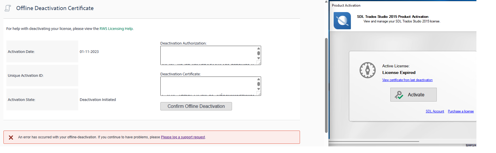 Deactivation at Website failed