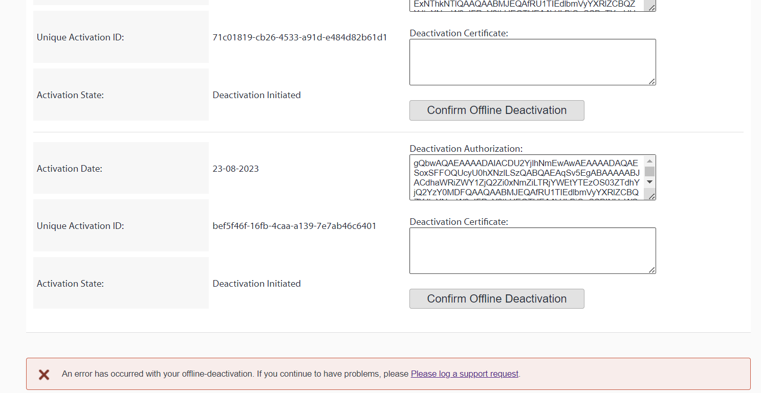 Trados Studio offline deactivation screen showing two unique activation IDs with 'Deactivation Initiated' state and an error message at the bottom stating 'An error has occurred with your offline-deactivation. If you continue to have problems, please log a support request.'