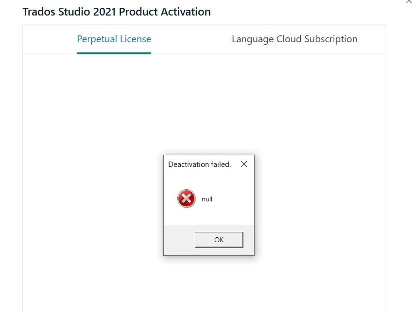Error message in Trados Studio 2021 Product Activation window showing 'Deactivation failed' with a red cross symbol and the word 'null'.