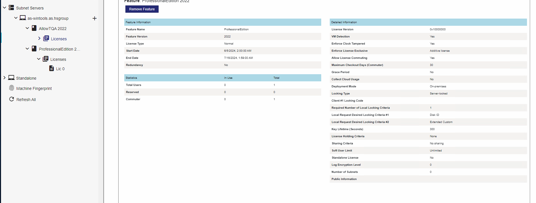 License server management interface showing 'ProfessionalEdition 2022' license details with start date 652024 and end date 7102024. License type is normal with no current users.