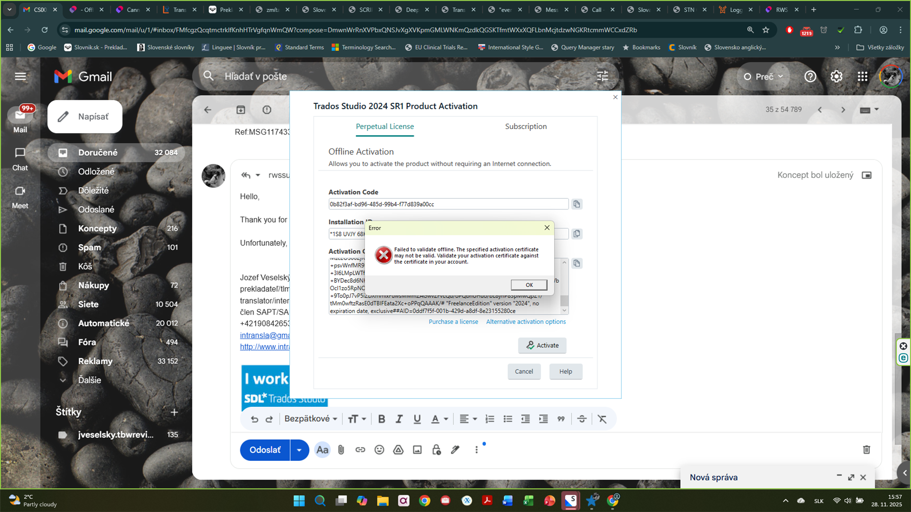 Screenshot of the Trados Studio 2024 SR1 Product Activation window showing the Offline Activation tab. An error message states: 'Failed to validate offline. The specified activation certificate may not be valid. Validate your activation certificate against the certificate in your account.' The error message is displayed in a pop-up box with an 'OK' button.