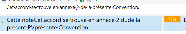 Screenshot showing a fuzzy match in a translation tool with no color or markings, displaying a 77% match for the text 'Cet accord se trouve en annexe 2 de la pr sente Convention.'