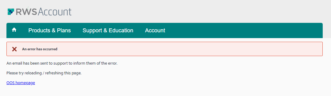 Screenshot of RWS Account error message stating 'An error has occurred' with instructions to reload or refresh the page and a link to the RWS homepage.