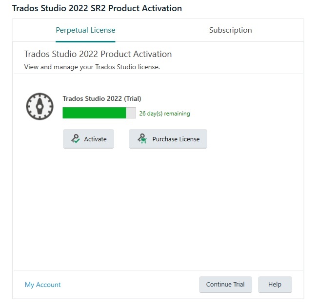 Trados Studio 2022 SR2 Product Activation screen showing options to Activate or Purchase License, with no link for offline deactivation.