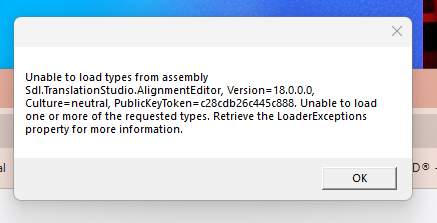 Error message stating 'Unable to load types from assembly' with details about the assembly version and instructions to retrieve the LoaderExceptions property.