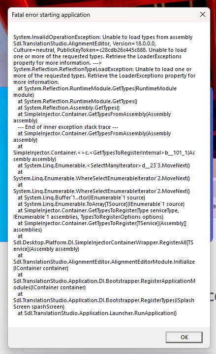 Error message titled 'Fatal error starting application' with details about System.InvalidOperationException and issues loading types from assembly.