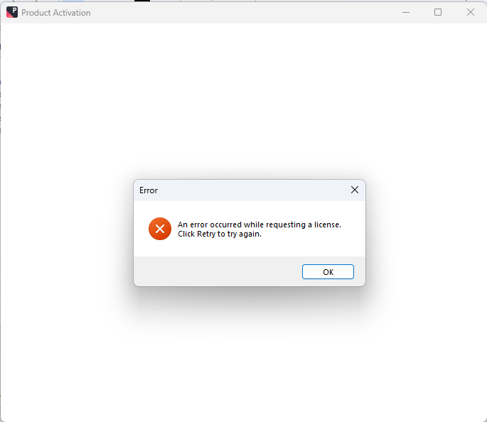 Screenshot of a Product Activation window showing an error message. The error dialog reads: 'An error occurred while requesting a license. Click Retry to try again.' with OK and Retry options.