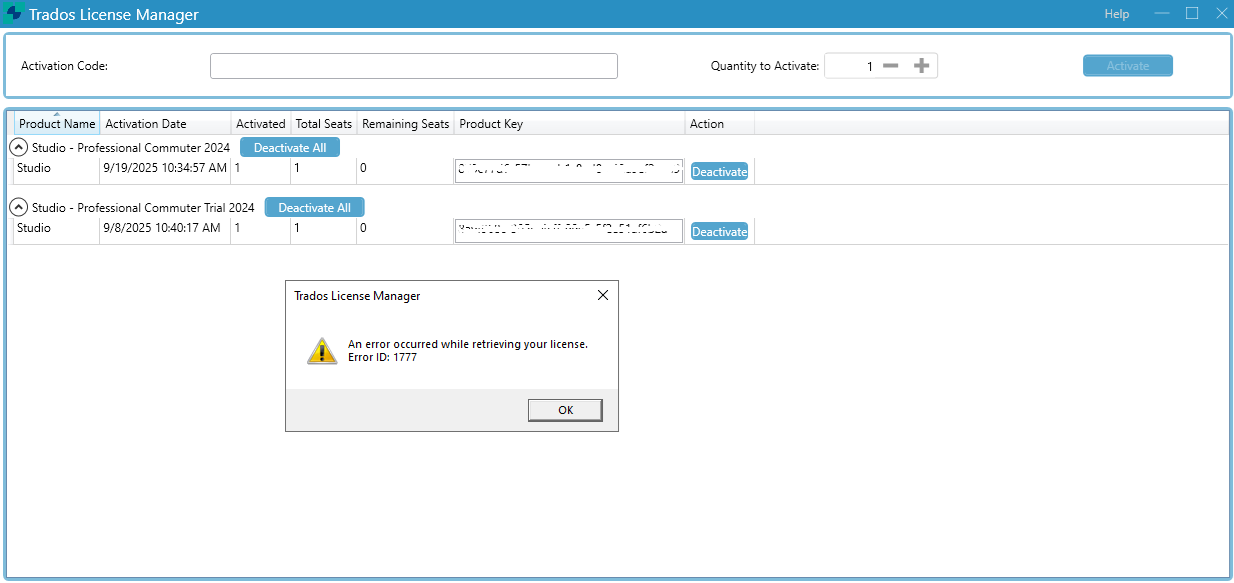 Trados License Manager window showing two licenses: Studio - Professional Commuter 2024 and Studio - Professional Commuter Trial 2024, both with 1 total seat and 0 remaining seats. Error message displayed: 'An error occurred while retrieving your license. Error ID: 1777' with an OK button.