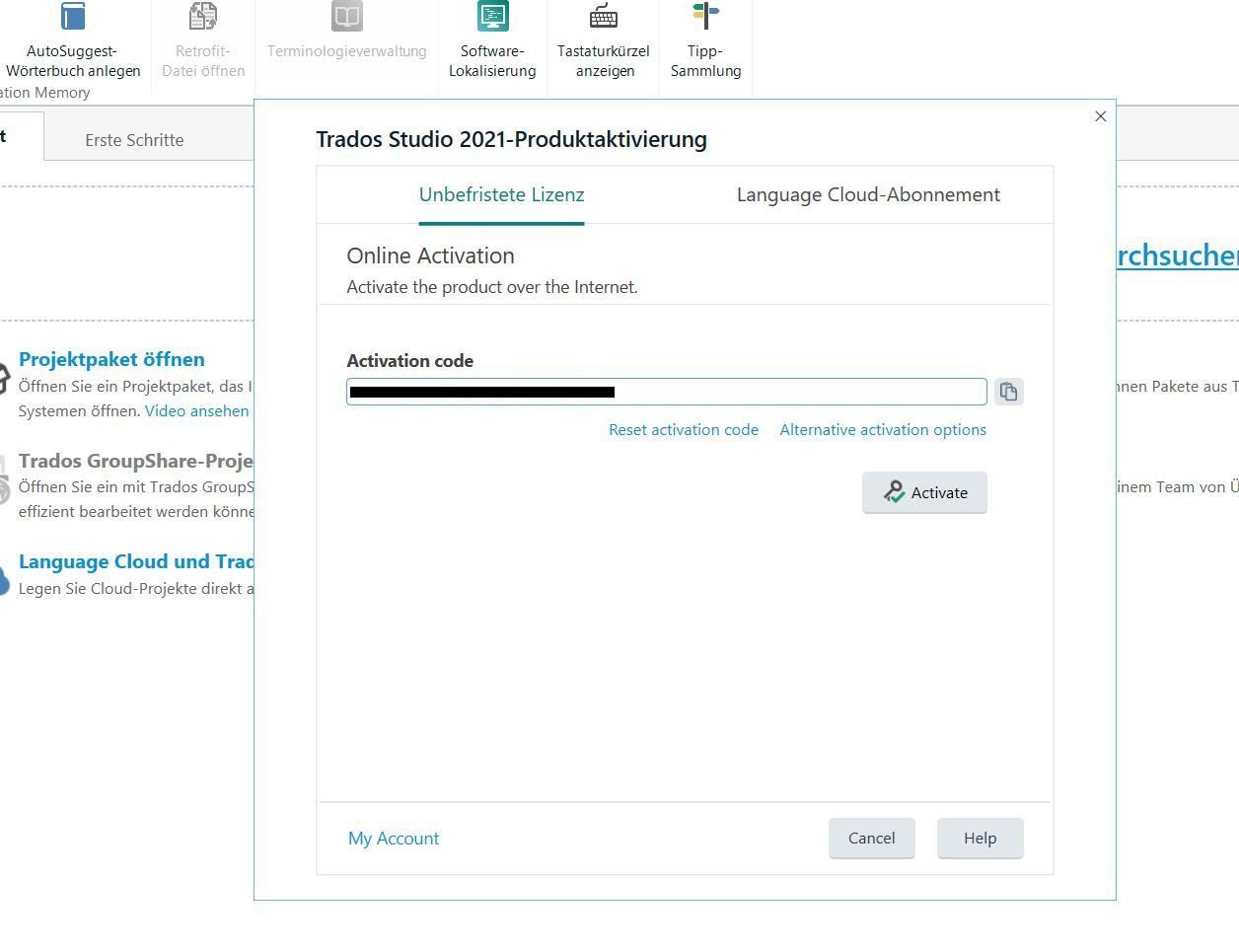 Trados Studio 2021 activation window with an activation code field and options for resetting or alternative activation.