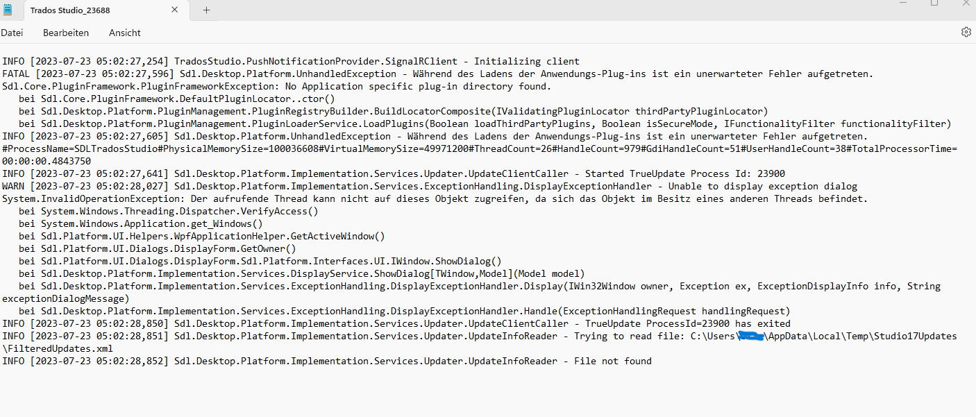 Screenshot of Trados Studio log file displaying error messages including 'FATAL UnhandledException' and 'WARN InvalidOperationException'.