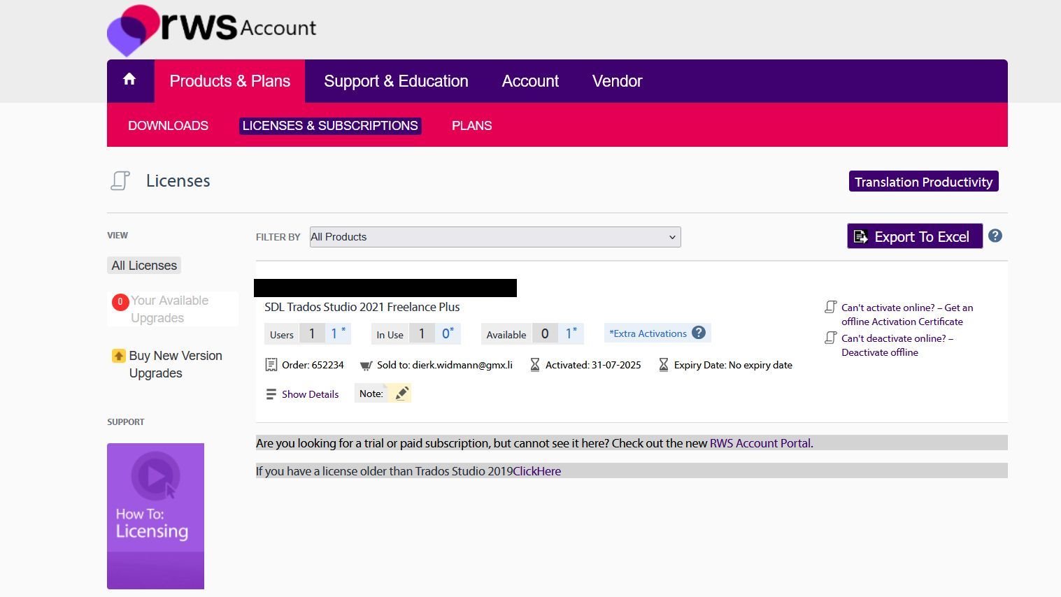 RWS Account license page showing SDL Trados Studio 2021 Freelance Plus with one license in use and no available activations.