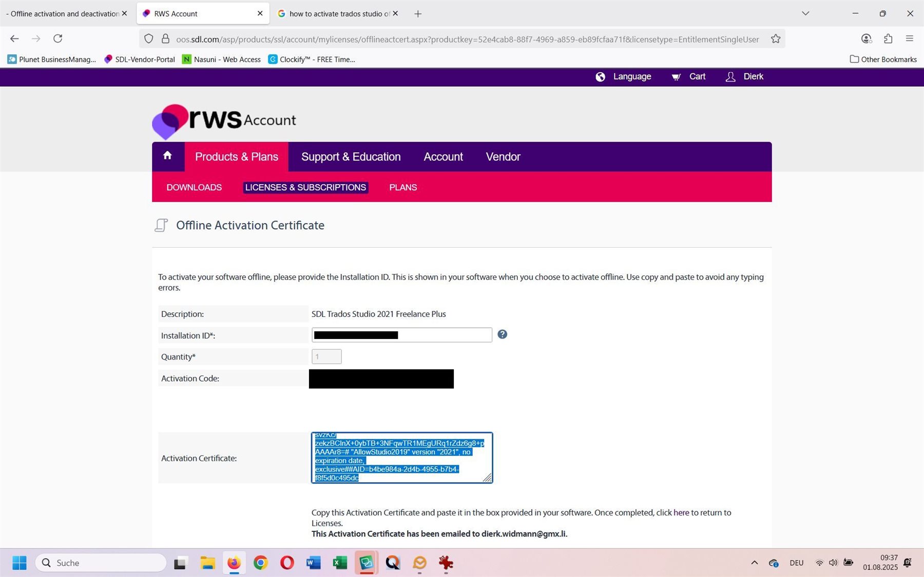 RWS Account page displaying the Offline Activation Certificate section with an Activation Certificate generated and highlighted in blue.
