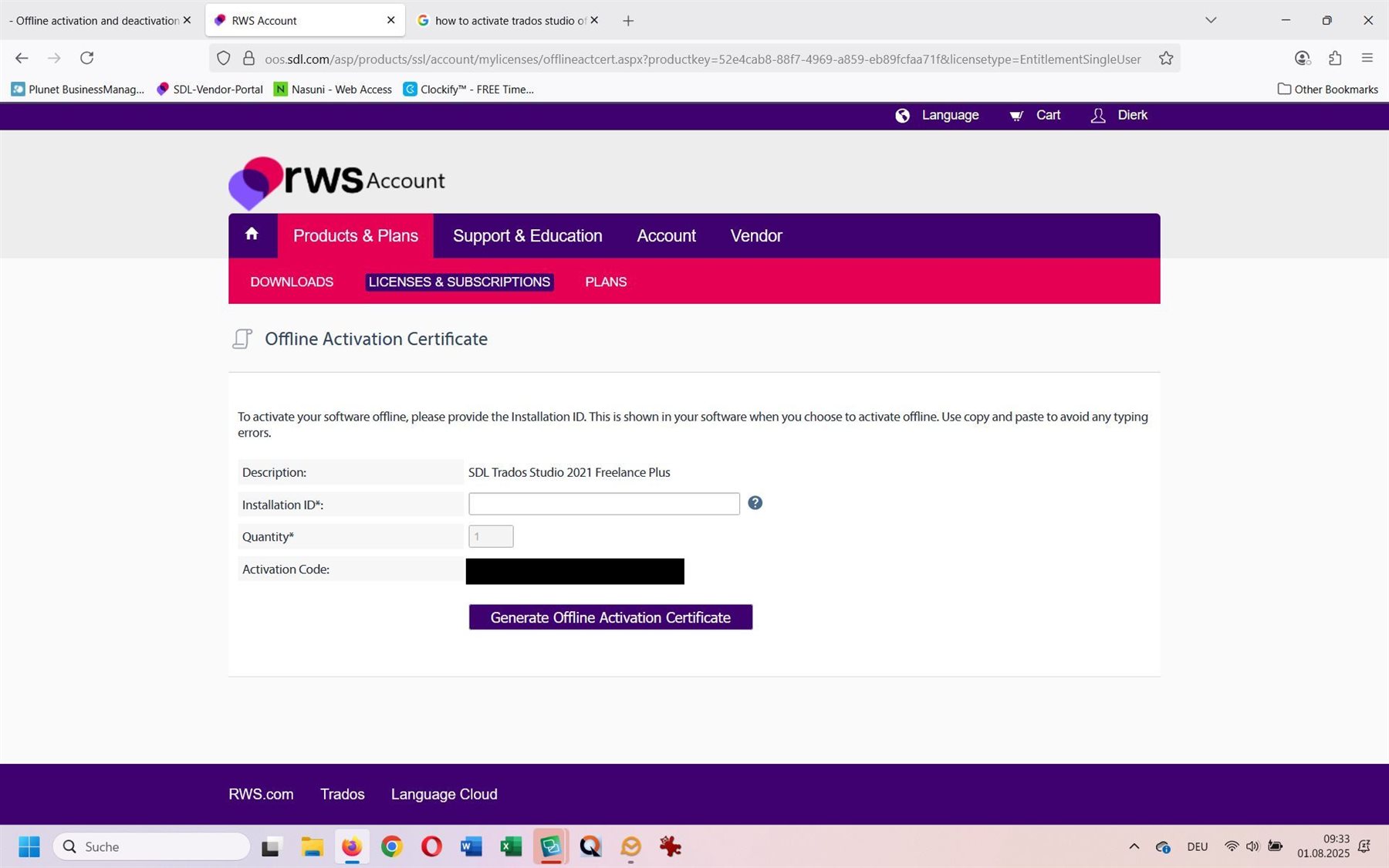 RWS Account page showing the Offline Activation Certificate section with fields for Description, Installation ID, Quantity, and Activation Code.