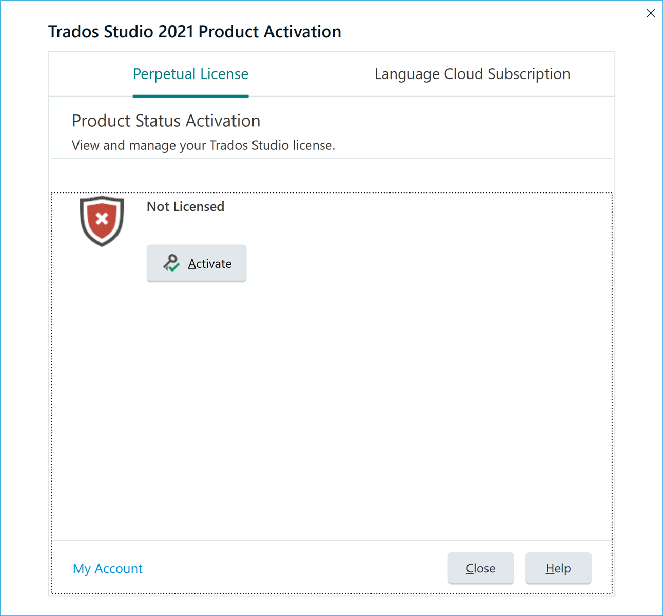 Trados Studio 2021 Product Activation window showing a 'Not Licensed' error with an activate button and options for 'Close' and 'Help'.
