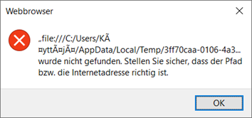 Error message in Trados Studio Webbrowser window indicating a file path not found with an OK button.