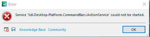 Error message window showing 'Service 'Sdl.Desktop.Platform.CommandBars.IActionService' could not be started.' with Knowledge Base and Community buttons and an OK button.