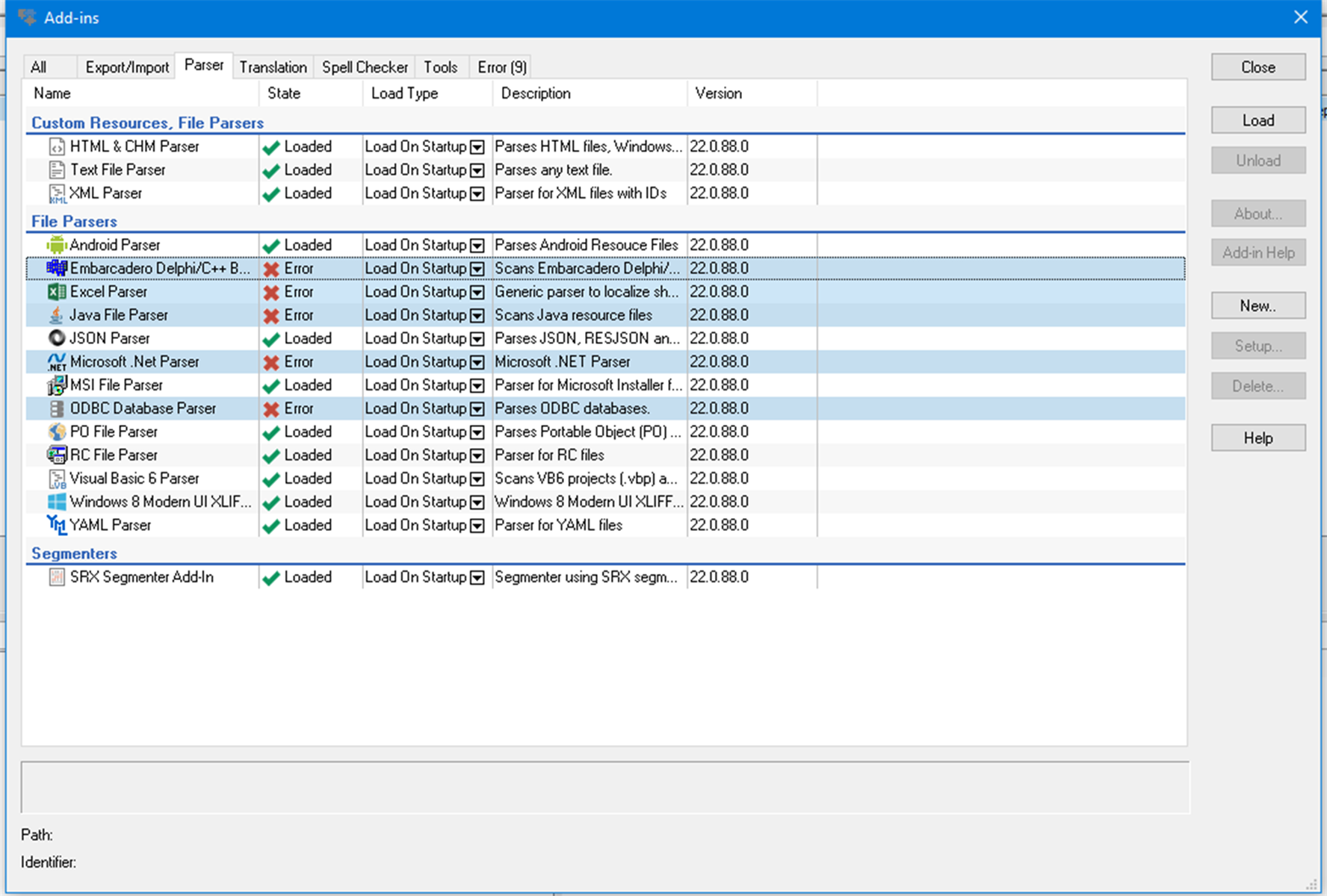 Screenshot of Trados Studio Add-ins window with several parsers listed. The .NET Microsoft .Net Parser and ODBC Database Parser are marked with an error state and not loaded on startup.