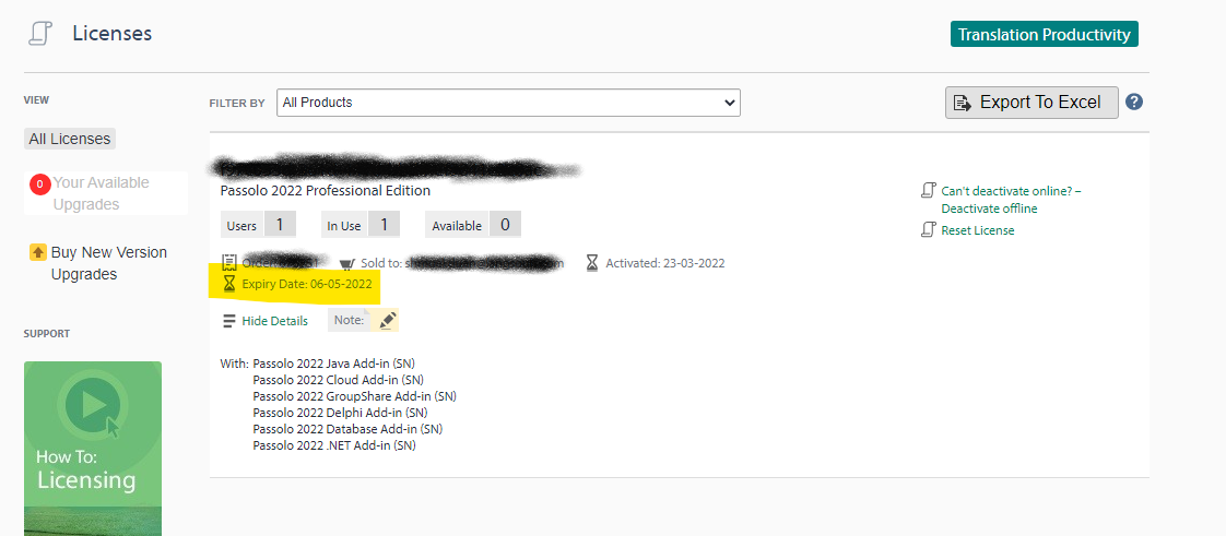 Screenshot of Trados Studio showing Passolo 2022 Professional Edition license details with an expiry date of 06-05-2022 and a list of add-ins including the .NET add-in.