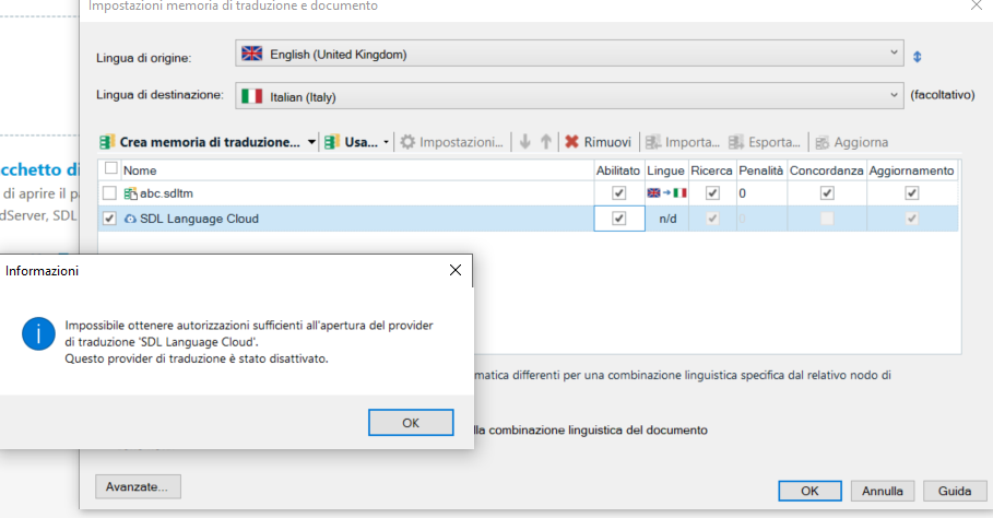 Error message in Trados Studio stating 'Unable to obtain sufficient authorization when opening the SDL Language Cloud provider. This translation provider has been deactivated.' with an OK button.