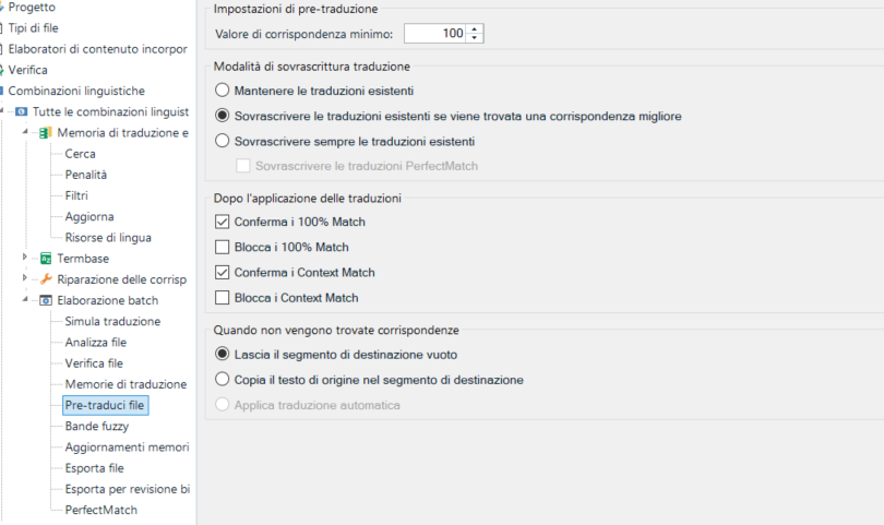 Trados Studio pre-translation settings window with options for overwriting translations and confirming matches, but the 'Apply auto translation' option is greyed out and not selectable.