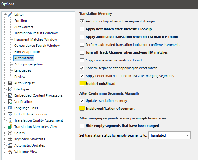 Trados Studio Options window showing Editor settings with 'Enable LookAhead' and 'Enable verification of segment' options unchecked to improve speed.