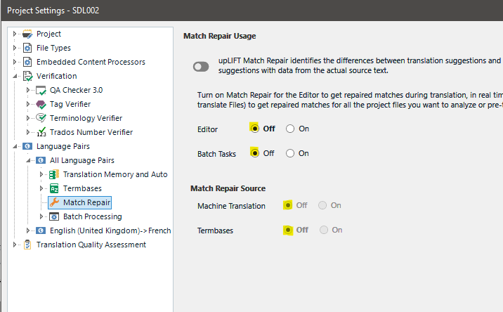 Trados Studio Project Settings window with 'Match Repair' option turned off under 'Match Repair Usage' to prevent crashes.