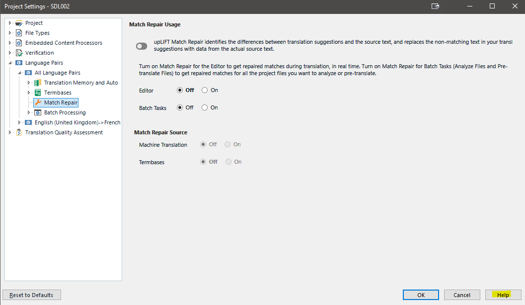 Trados Studio Project Settings window with 'Match Repair' option turned off and 'Machine Translation' and 'Termbases' options also turned off.