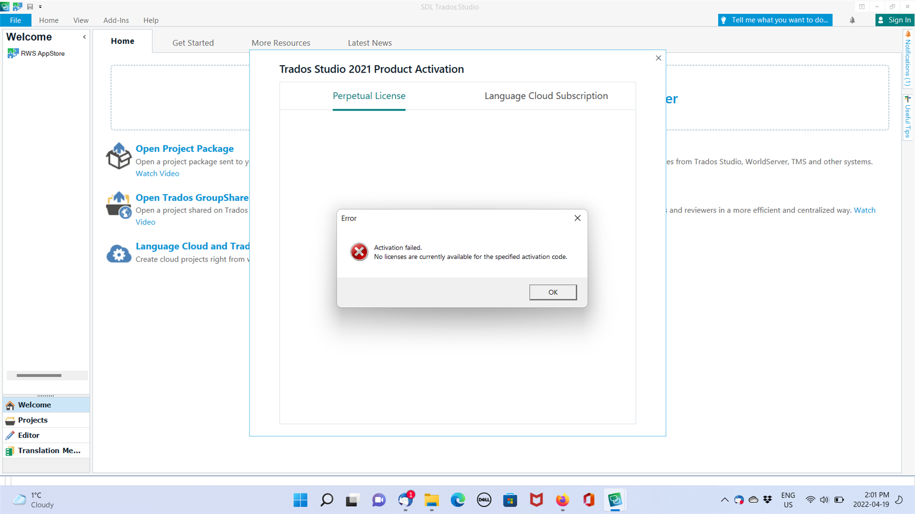 Trados Studio 2021 activation error message stating 'Activation failed. No licenses are currently available for the specified activation code.'