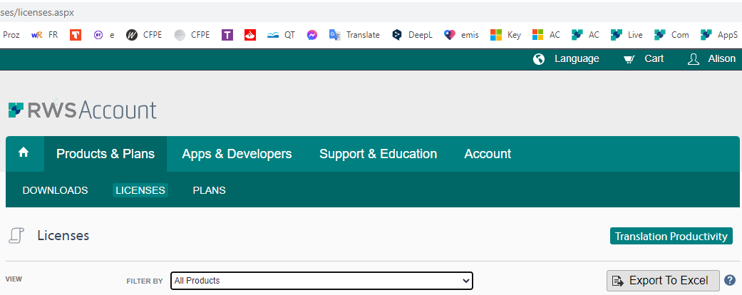 Screenshot of RWS Account Licenses page with 'All Products' selected in the FILTER BY dropdown menu.