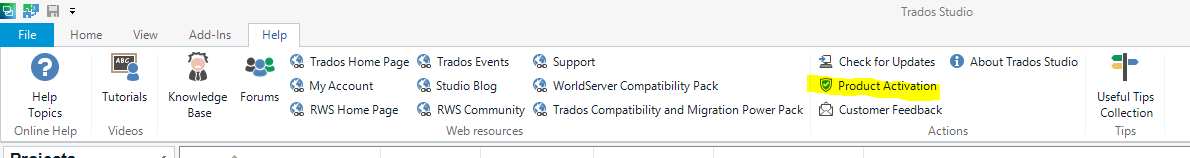 Trados Studio interface showing the Help tab with the 'Product Activation' button highlighted.