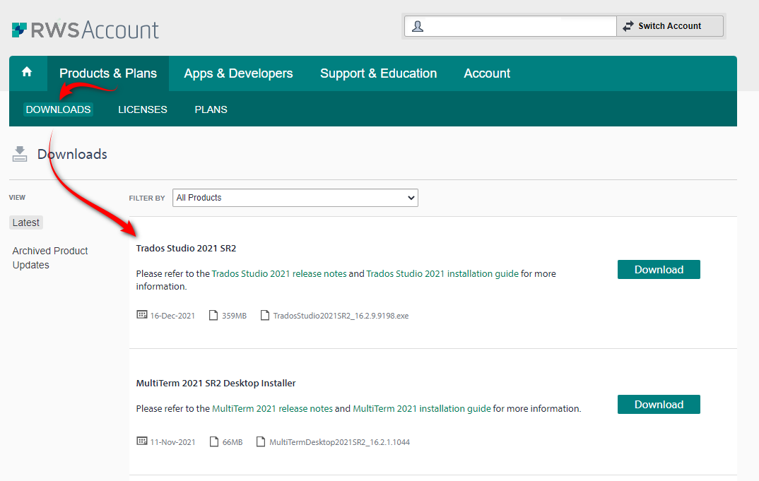 RWS Account webpage showing the Downloads section with Trados Studio 2021 SR2 selected. A green 'Download' button is visible on the right.