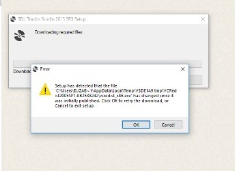 Error message during SDL Trados Studio 2015 SR2 setup indicating that a file has changed since it was initially published with options to retry the download or cancel setup.