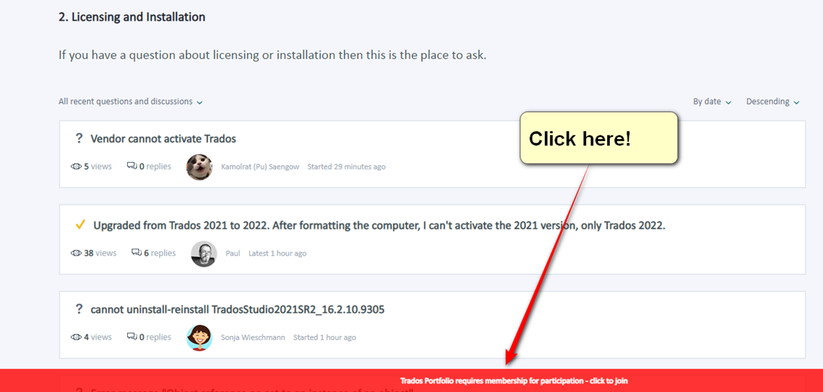 Screenshot of RWS Community forum section 'Licensing and Installation' with a highlighted message 'Trados Portfolio requires membership for participation - click to join' and an arrow pointing to a 'Click here!' button.