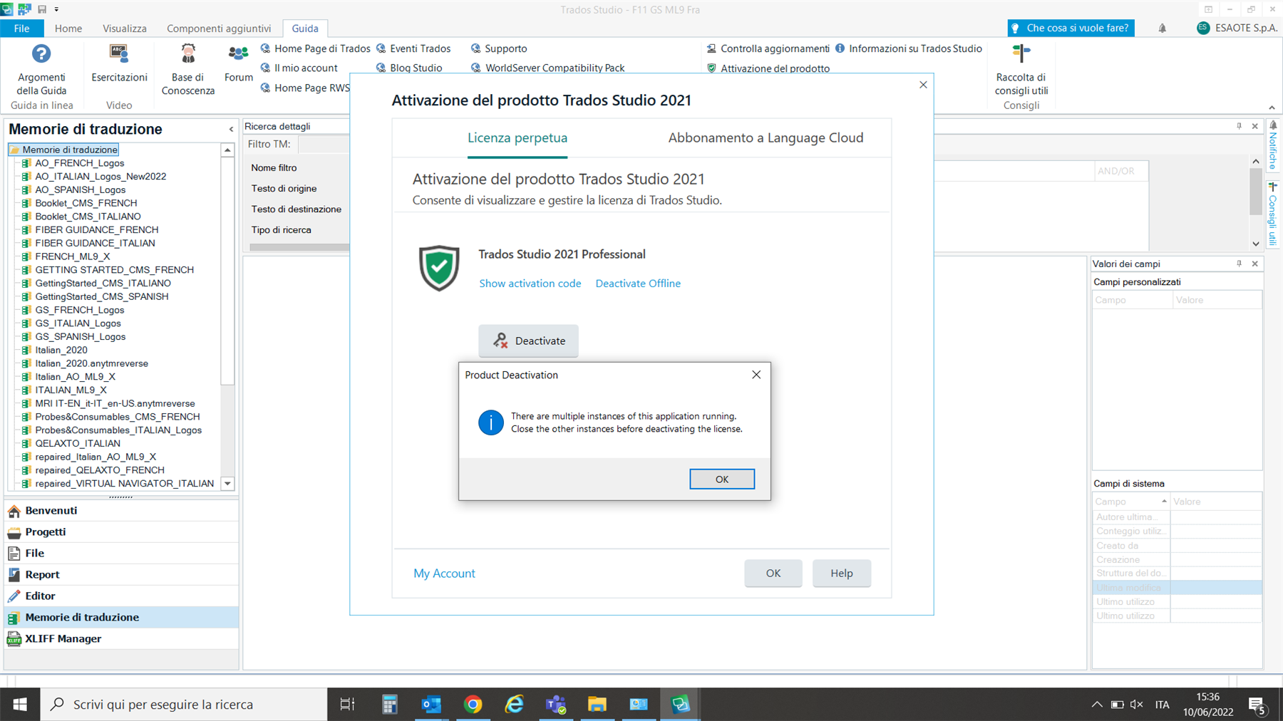 Screenshot of Trados Studio 2021 Professional showing the Product Activation window with an error message 'There are multiple instances of this application running. Close the other instances before deactivating the license.'