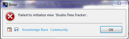 Error message dialog box from Trados Studio 2022 displaying 'Failed to initialize view 'Studio.Time.Tracker'.' with an OK button.