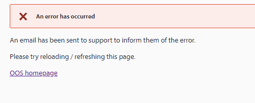Error message in Trados Studio stating 'An error has occurred' with instructions to reload the page and a note that an email has been sent to support.