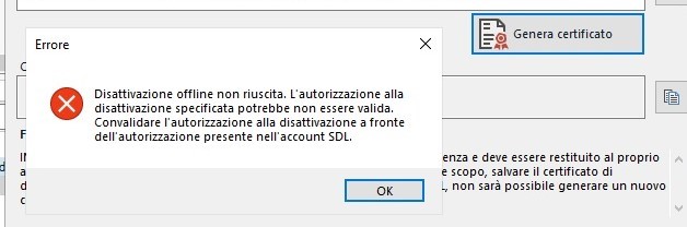 Error message in Trados Studio stating 'Offline deactivation not successful. The specified deactivation authorization may not be valid. Validate the deactivation authorization against the SDL account authorization.' with an OK button.