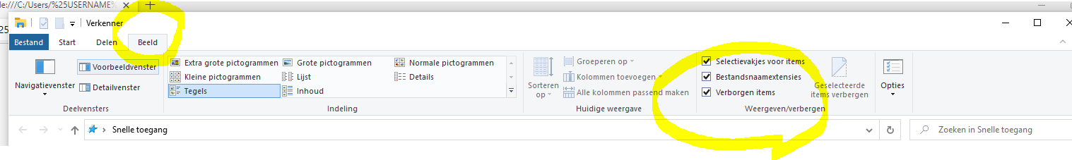 Screenshot of Trados Studio settings in Dutch with 'Beeld' tab selected and 'Verborgen items' option circled, indicating hidden items are being shown.