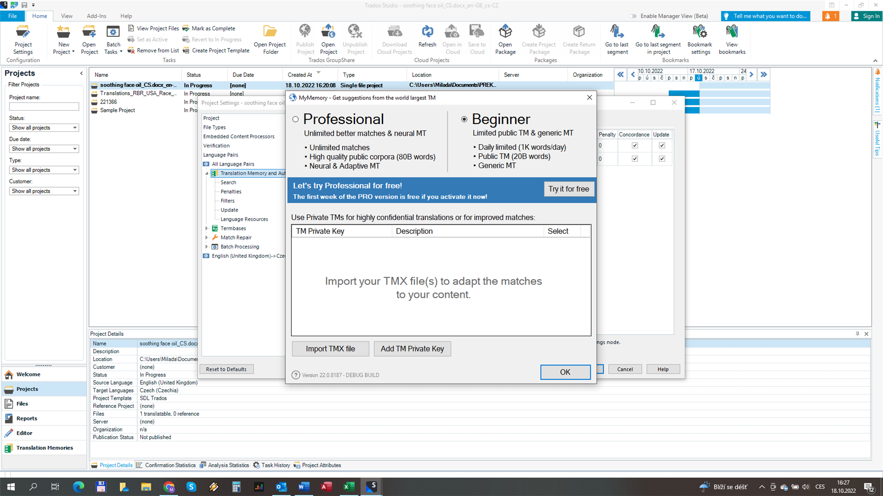 Trados Studio interface showing an in-progress project 'soothing face oil_CSc.docx' with MyMemory plugin window open, prompting to import TMX file or add TM Private Key.