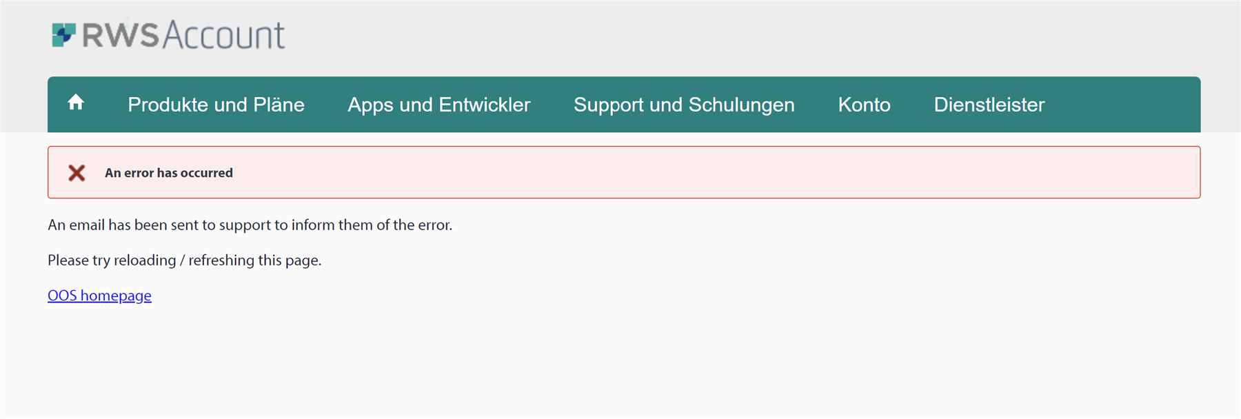 RWS Account error message stating 'An error has occurred' with instructions to reload the page and a link to the OOS homepage.