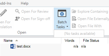 Trados Studio screenshot showing Batch Tasks dropdown menu with 'No tasks available' message for a test.docx file.