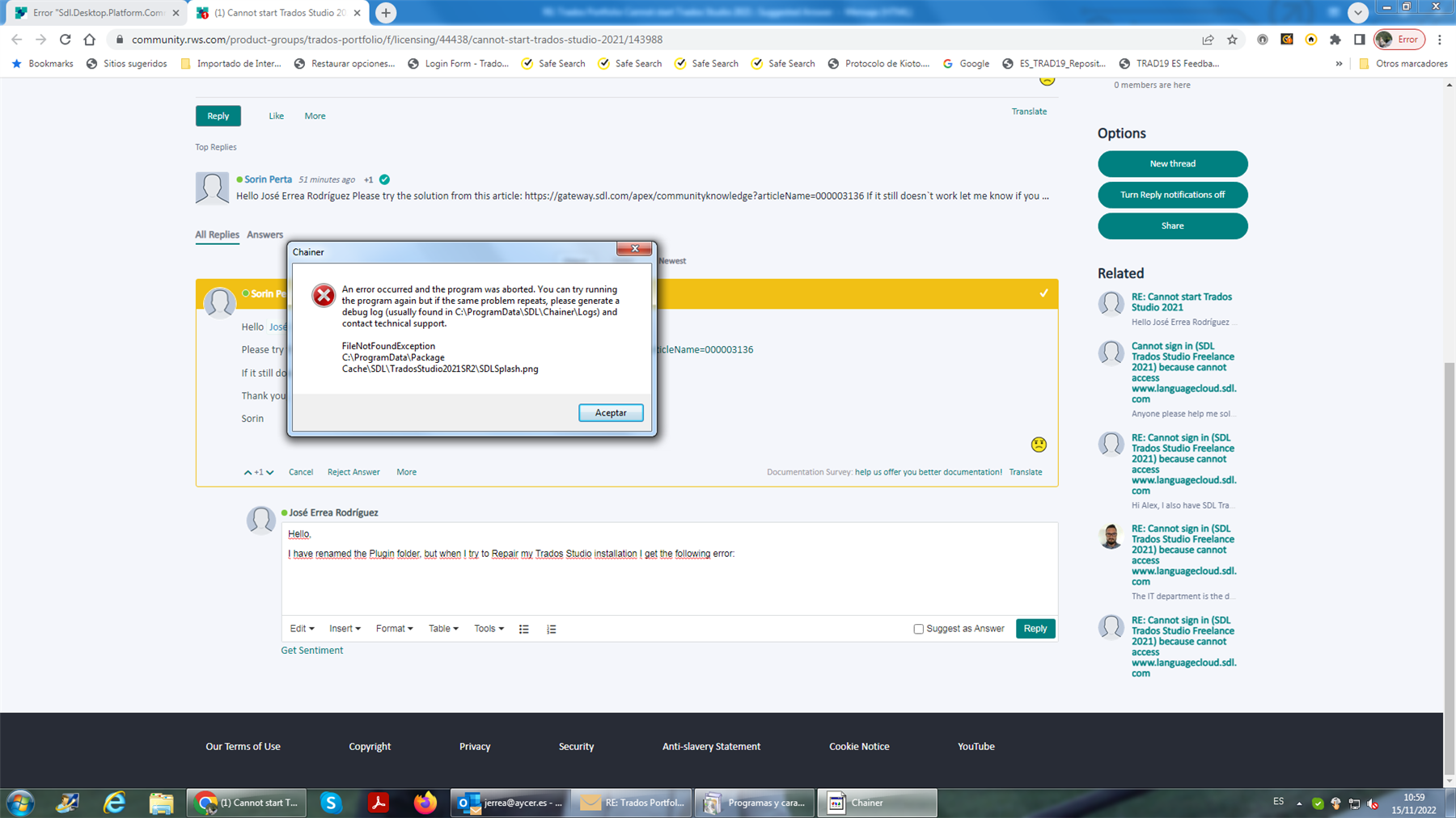 Screenshot of a Trados Studio error message dialog box with text 'An error occurred and the program was aborted. FileNotFoundException C:ProgramDataPackageCacheSDLSDLTradosStudio2021SR2SDLSplash.png'.