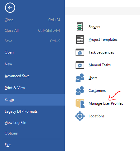 Trados Studio menu with 'Manage User Profiles' option highlighted and a red squiggle indicating an action or error.