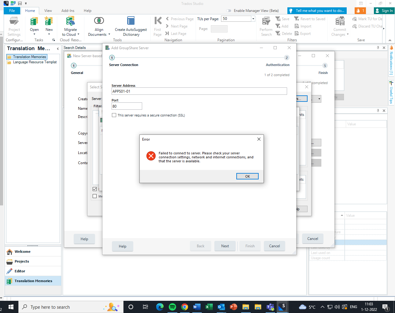 Trados Studio error message popup saying 'Failed to connect to server. Please check your server connection settings, network and internet connections, and that the server is available.'