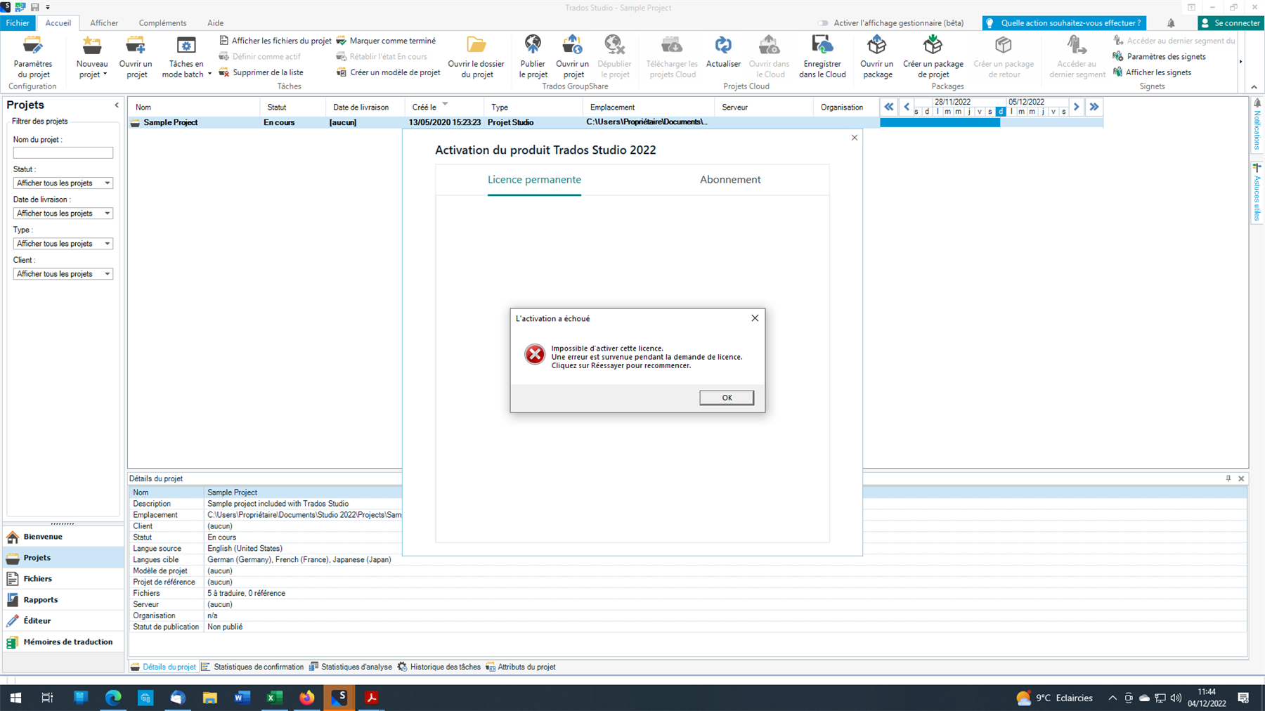 Trados Studio activation error message stating 'Activation failed. Unable to activate license. An error occurred during the license request. Click Retry to continue.'