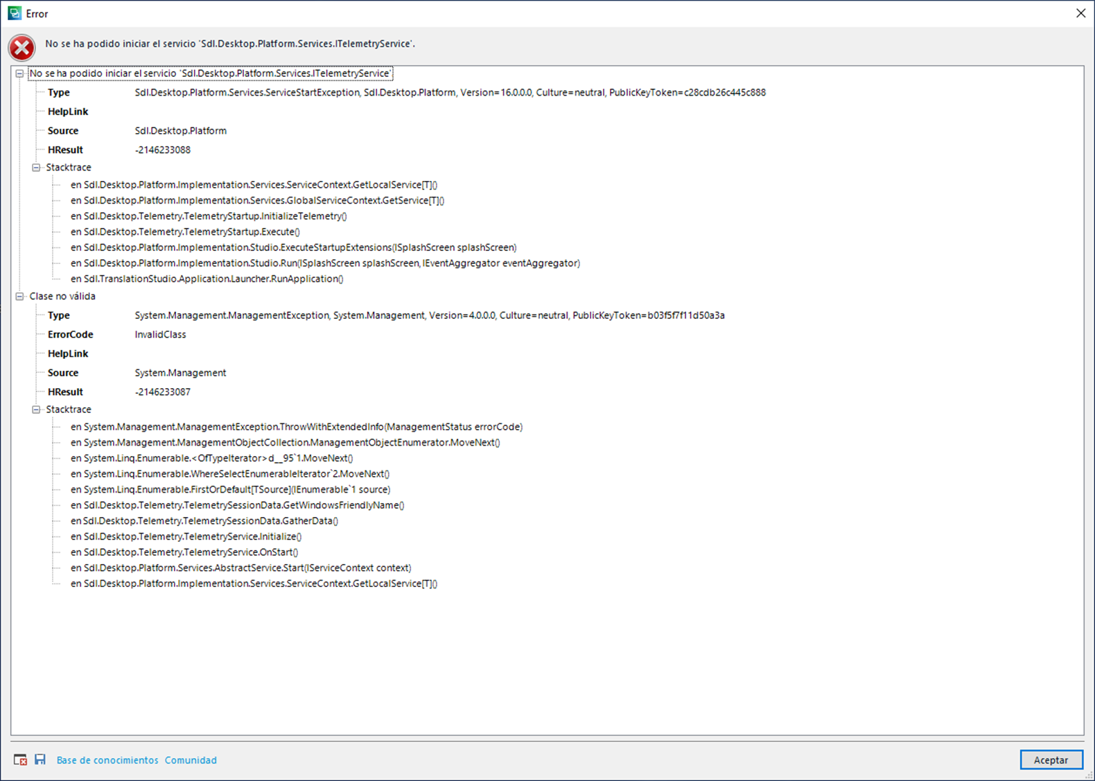 Error dialog box with message 'No se ha podido iniciar el servicio 'Sdl.Desktop.Platform.Services.ITelemetryService'.' and a stack trace of the error including 'Sdl.Desktop.Platform', 'System.Management', and 'InvalidClass' exception details.