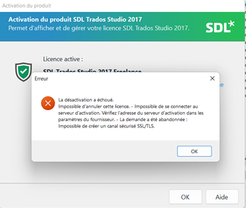 SDL Trados Studio 2017 activation error message stating deactivation failed, unable to connect to the activation server, and SSLTLS security channel could not be established.