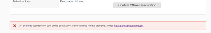 Trados Studio deactivation screen showing an error has occurred with offline deactivation and a prompt to log a support request.