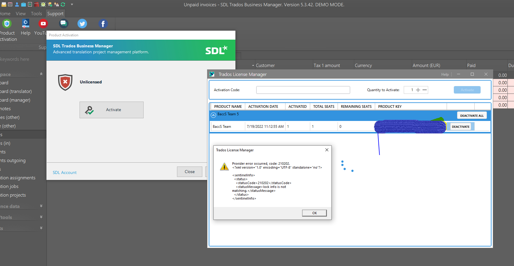 Trados Studio Business Manager showing 'Unlicensed' error with an 'Activate' button and a 'Close' button.