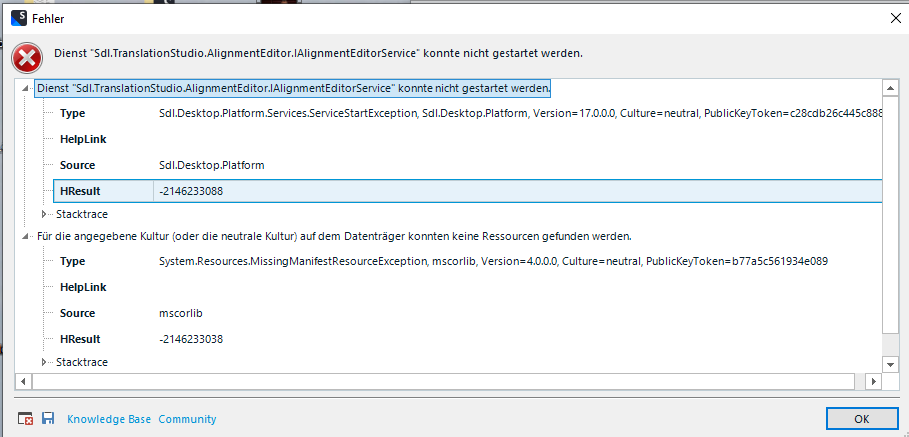 Error message window showing 'Service Sdl.TranslationStudio.AlignmentEditor.IAlignmentEditorService could not be started' with details of the service start exception and missing manifest resource exception.